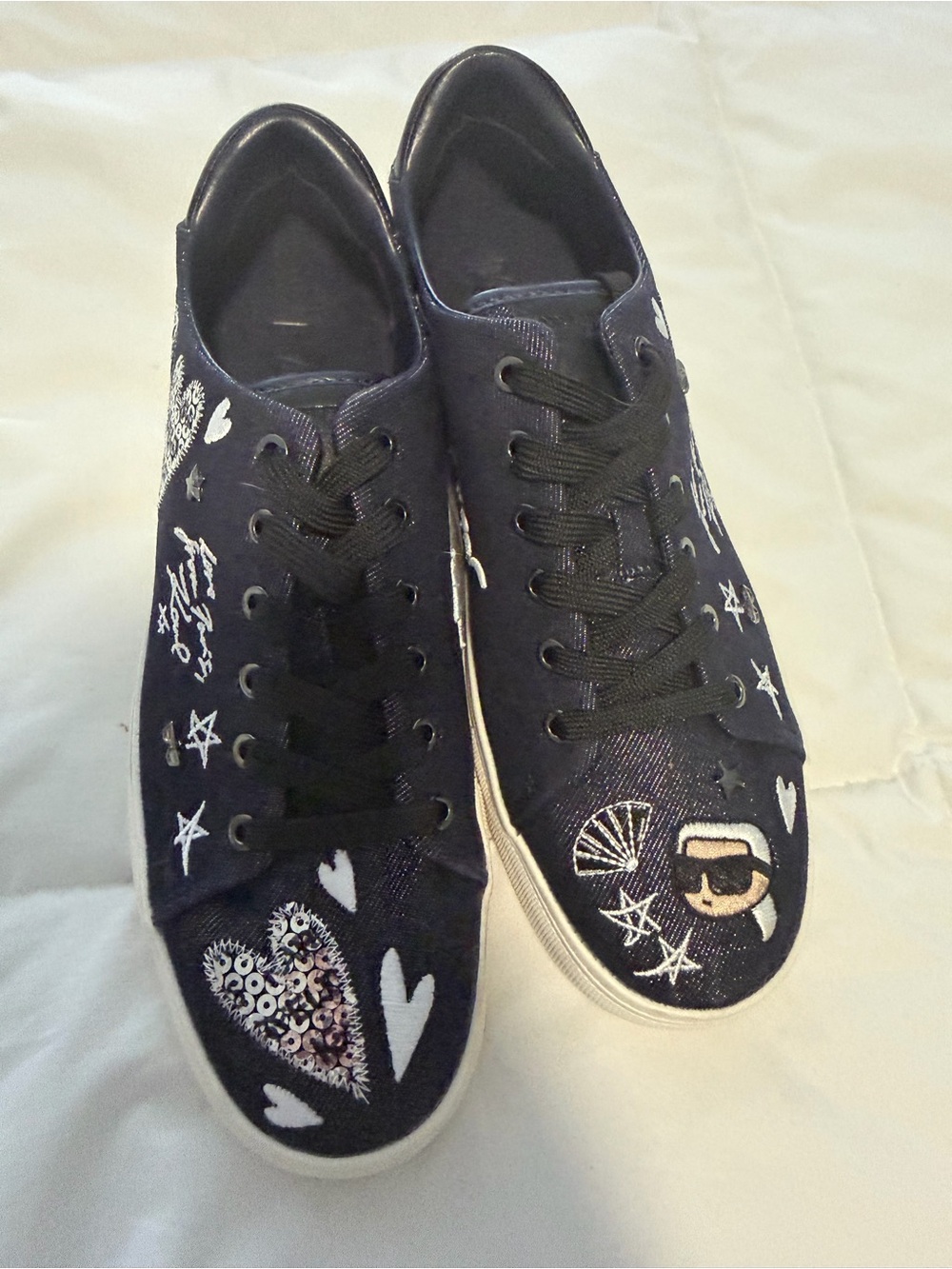 Karl Lagerfeld Black Embroidered Heart & Character Sneakers